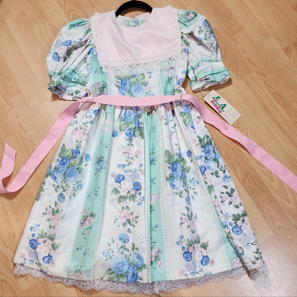 NWT VTG Puff Sleeve Bib Collar Blue Pink Floral Stripe Dress Kids Size 14